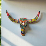 Talavera Longhorn Wall Decor | Handcrafted Mexican Bull Skull Art - hand-painted colorful Talavera ceramic longhorn mounted on white wall