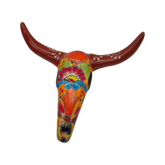 Front view of colorful brown Talavera longhorn wall art with floral patterns