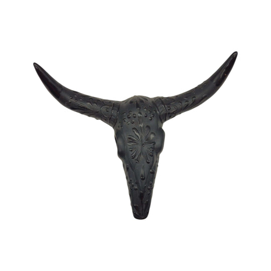 Black Talavera longhorn wall sculpture shown in a closer front view