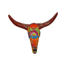 Front-facing brown Talavera longhorn wall art with vibrant hand-painted decorative motifs