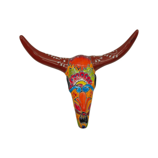 Front-facing brown Talavera longhorn wall art with vibrant hand-painted decorative motifs