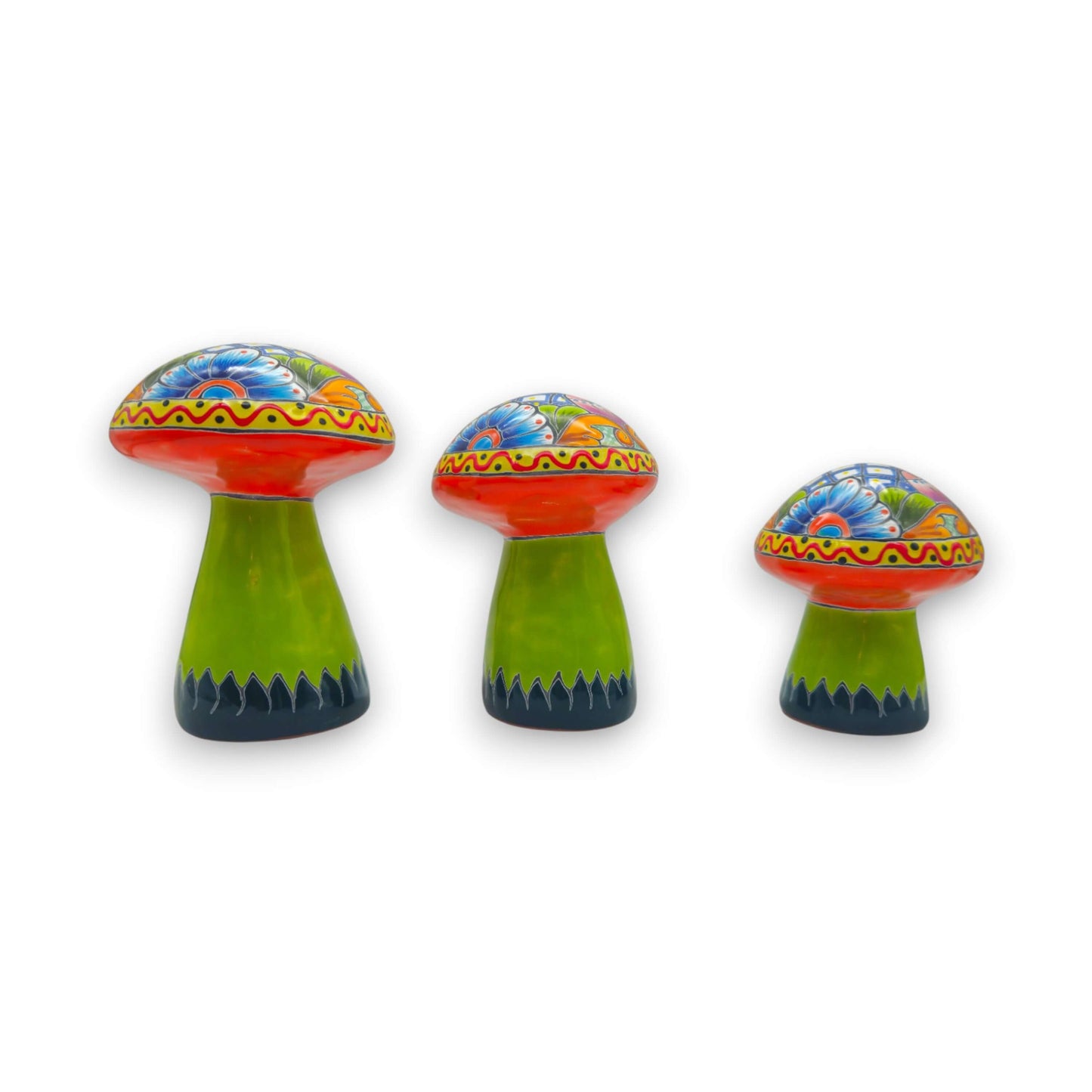 Talavera Mushroom Set | Vibrant Hand-Painted Mexican Decor - trio of brightly painted hand-painted Talavera mushrooms, kiln-fired lead-free glaze, Guanajuato