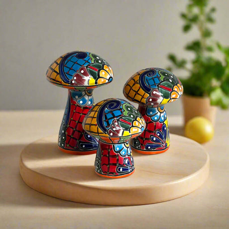 Talavera Mushroom Trio | Colorful Hand-Painted Mexican Garden Decor - hand-painted Talavera ceramic mushrooms, bold floral designs, kiln-fired lead-free glaze