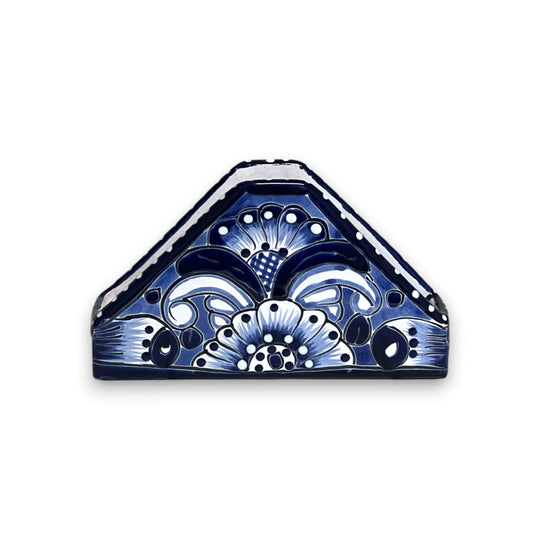 Talavera Napkin Holder | Mexican Blue & White Decor hand-painted triangular Talavera floral napkin holder, cobalt blue and white kiln-fired ceramic