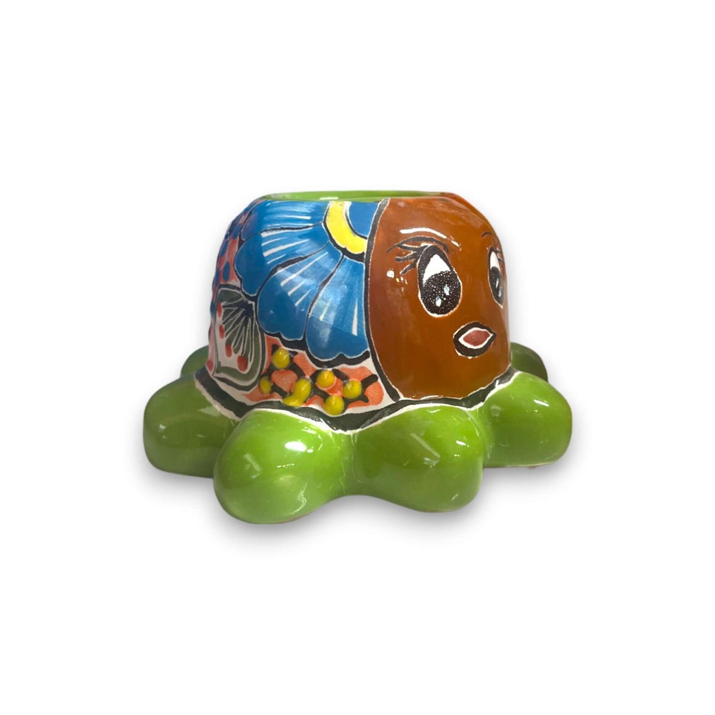 Talavera Octopus Succulent Planter | Hand-Painted Ceramic Pot - colorful hand-painted octopus planter with bright orange tones and green base, handmade in Guanajuato