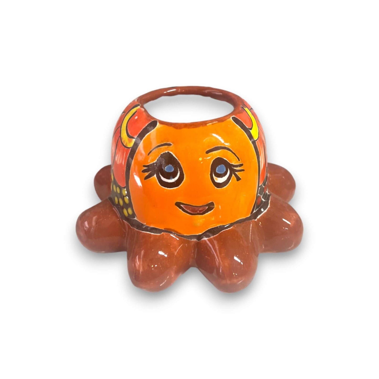 Talavera Octopus Succulent Planter | Hand-Painted Ceramic Pot — bright orange hand-painted Talavera octopus planter, kiln-fired, lead-free glaze