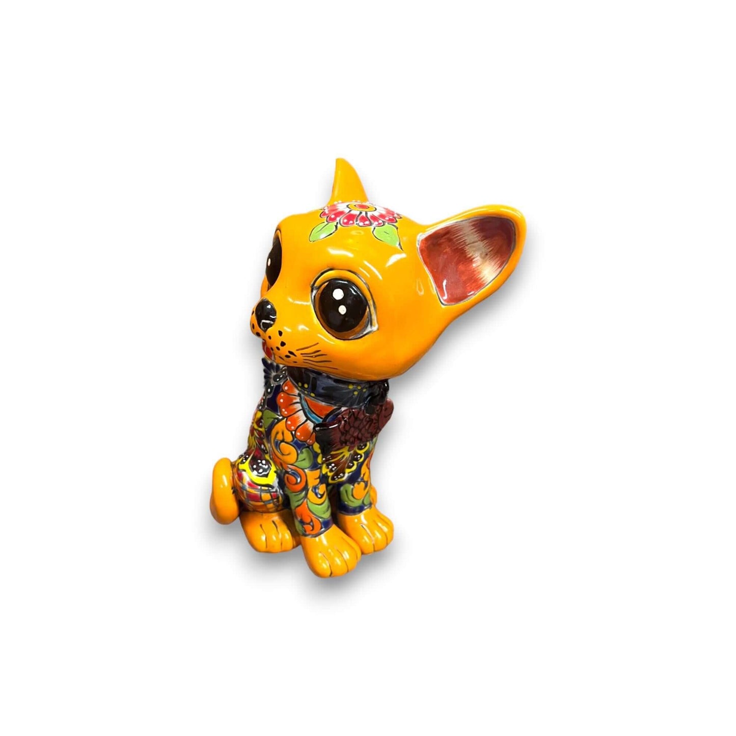 Talavera Cat Statue | Hand-Painted Mexican Folk Art Figurine - bright orange hand-painted Talavera cat with oversized eyes and floral patterns