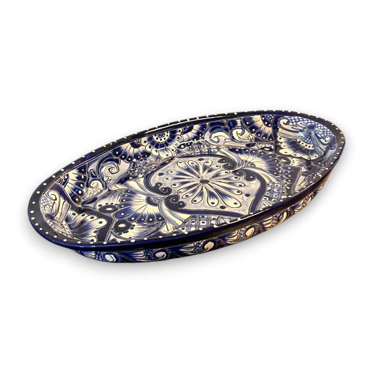 Talavera Oval Serving Platter | Blue & White Mexican Kitchenware hand-painted oval platter with cobalt rim, kiln-fired lead-free glaze, Guanajuato craftsmanship
