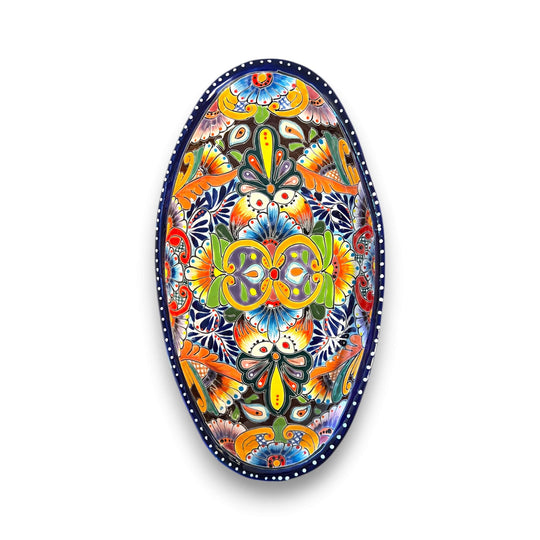 Talavera Oval Serving Platter | Cobalt-Blue Rim Kitchenware - hand-painted Mexican Talavera oval platter with vibrant floral motifs