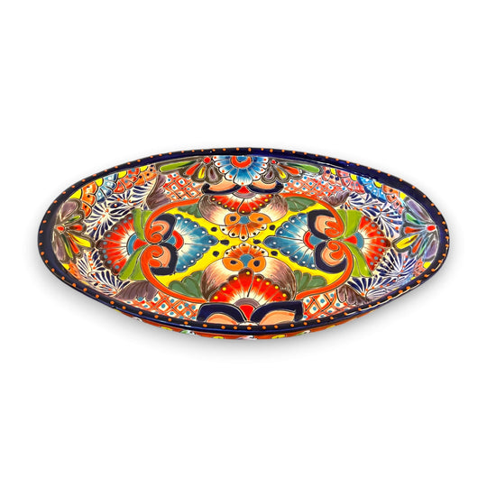 Talavera Oval Serving Platter | Cobalt-Blue Rim Kitchenware hand-painted Mexican Talavera oval platter with vibrant floral motifs