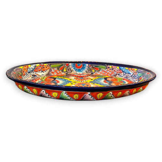 Talavera Oval Serving Platter | Cobalt-Blue Rim Kitchenware - hand-painted Mexican Talavera oval platter with vibrant cobalt rim
