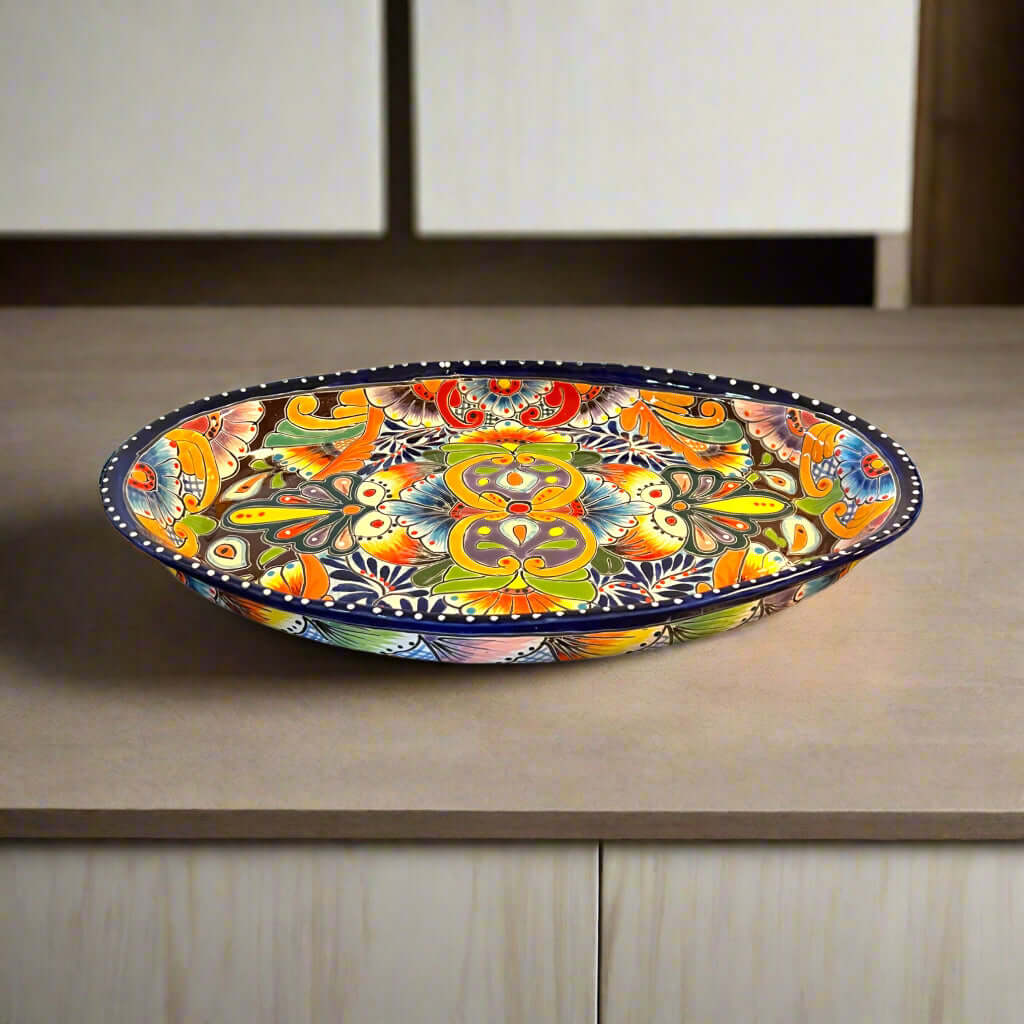 Talavera Oval Serving Platter | Cobalt-Blue Rim Kitchenware - hand-painted vibrant Talavera oval platter with cobalt blue rim, kiln-fired, lead-free glaze