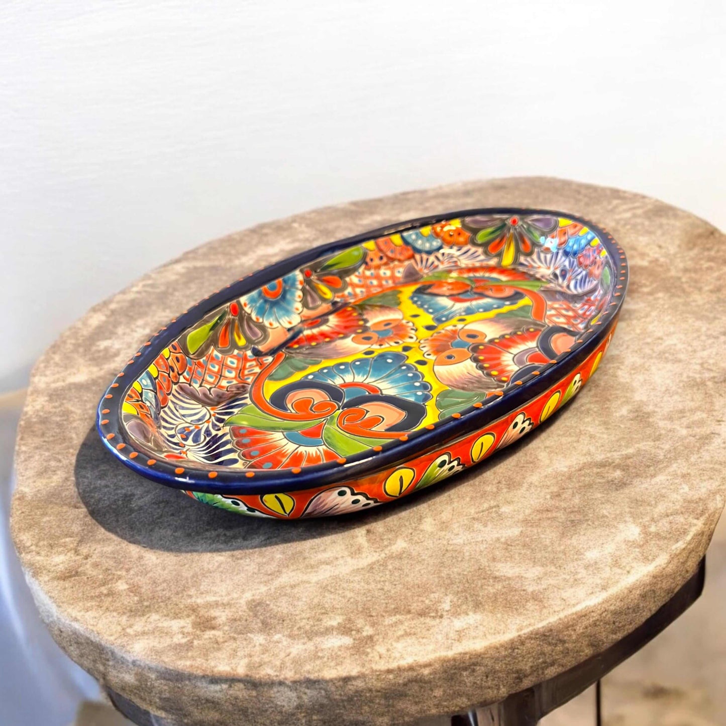 Talavera Oval Serving Platter | Cobalt-Blue Rim Kitchenware - hand-painted Talavera oval platter with vibrant floral motifs and cobalt blue rim