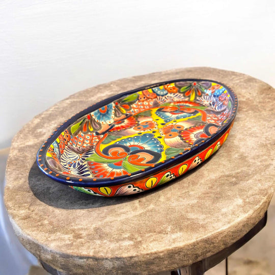 Talavera Oval Serving Platter | Cobalt-Blue Rim Kitchenware - hand-painted Talavera oval platter with vibrant floral motifs and cobalt blue rim