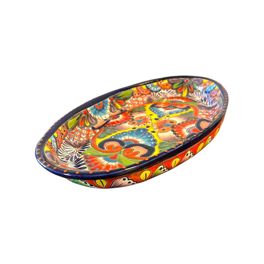 Talavera Oval Serving Platter | Cobalt-Blue Rim Kitchenware - hand-painted Talavera oval platter with vibrant floral motifs and cobalt blue rim