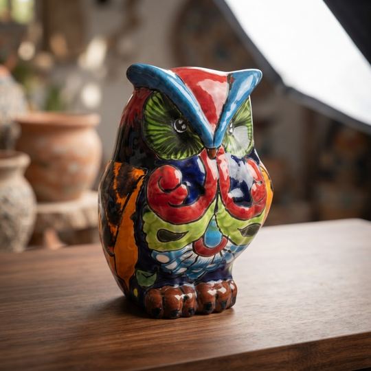 Colorful Talavera owl figurine shown from a side angle on a wooden table