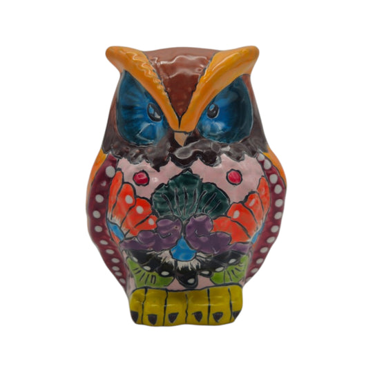 Front view of a colorful Talavera owl figurine with floral hand-painted details