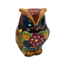Hand-painted Talavera owl ceramic figurine on a white background