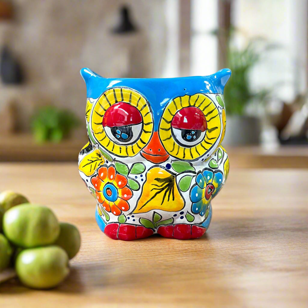 Talavera Owl Planter | Colorful Hand-Painted Mexican Pottery - hand-painted owl ceramic planter with bright red, blue, yellow floral design