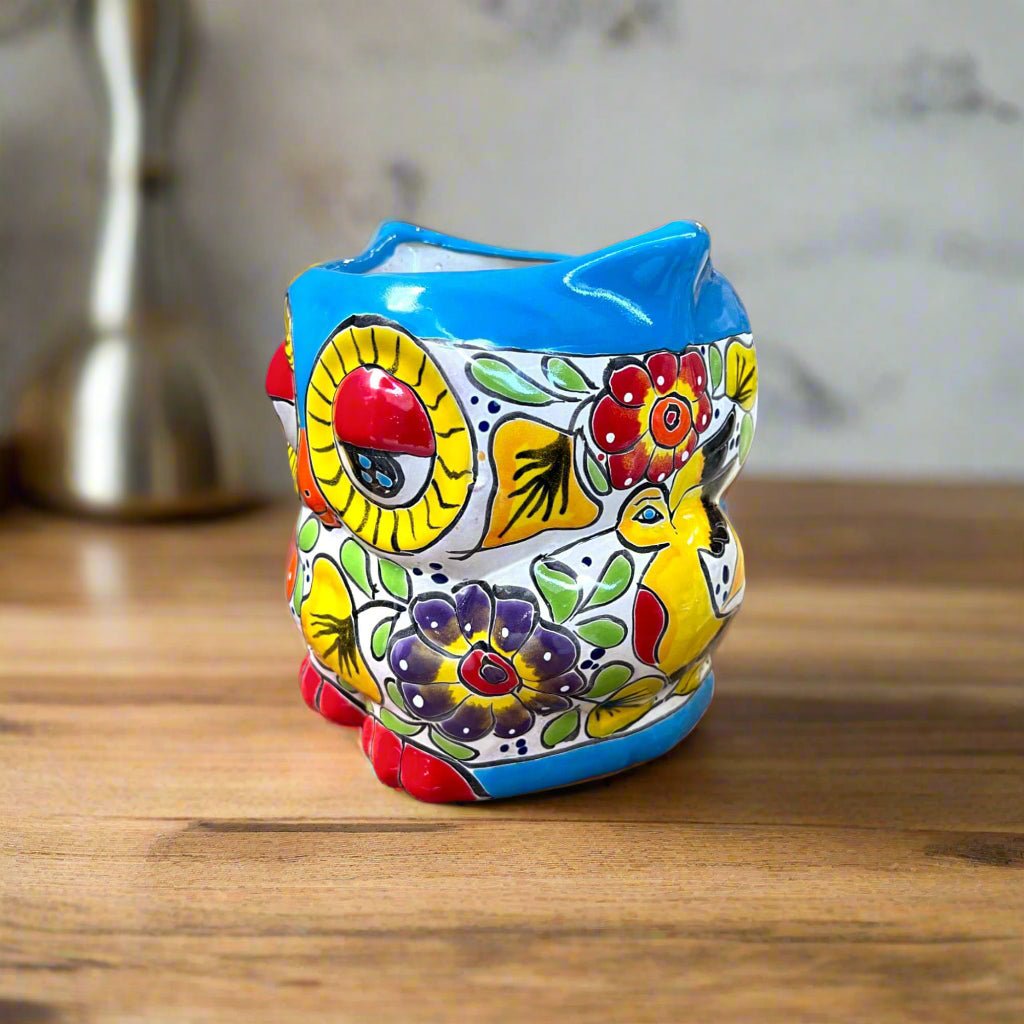 Talavera Owl Planter | Colorful Hand-Painted Mexican Pottery vibrant blue owl planter with floral hand-painted Talavera design