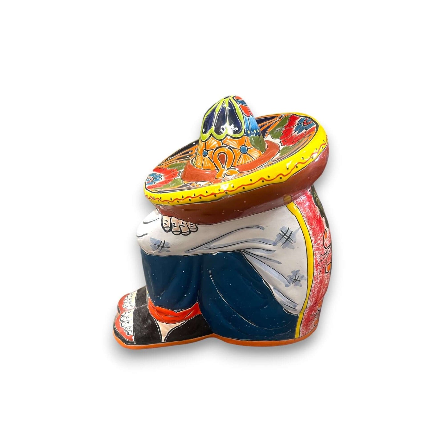 Talavera Panchito Sleeping Man Figurine | XL Hand-Painted Art - large hand-painted Mexican Talavera sleeping man statue with colorful sombrero