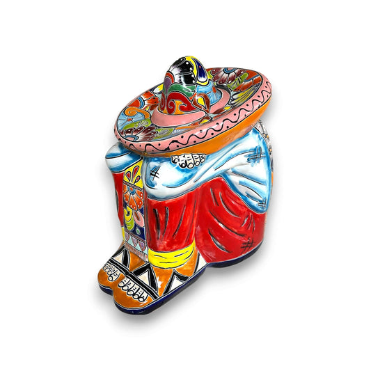 Talavera Panchito Sleeping Man Figurine | XL Hand-Painted Art — large hand-painted Talavera statue with colorful earthy patterns, rustic Mexican folk charm