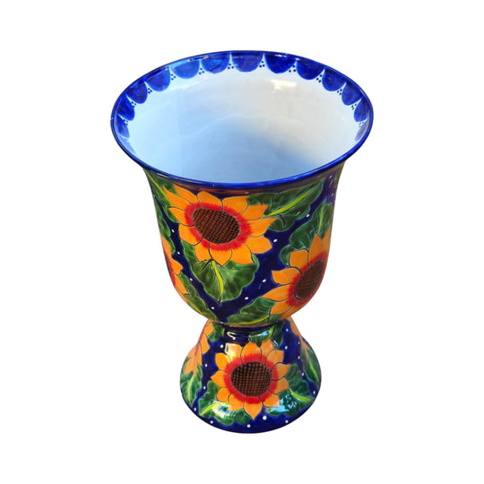 Talavera Pedestal Planter | Cobalt Blue Sunflower Design detail