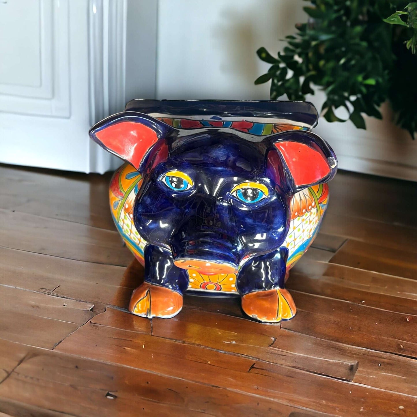 Talavera Pig Planter | Colorful Hand-Painted Mexican Animal Pot - hand-painted glossy Talavera pig with floral geometric patterns