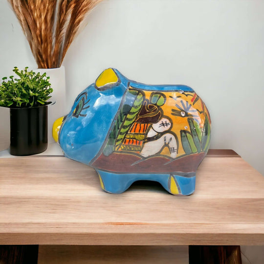 Talavera Pig Planter | Colorful Hand-Painted Mexican Flower Pot - hand-painted blue and yellow pig planter with multicolor Talavera patterns