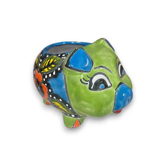 Talavera Pig Planter | Colorful Hand-Painted Mexican Flower Pot - hand-painted green pig ceramic planter with multicolor Talavera patterns