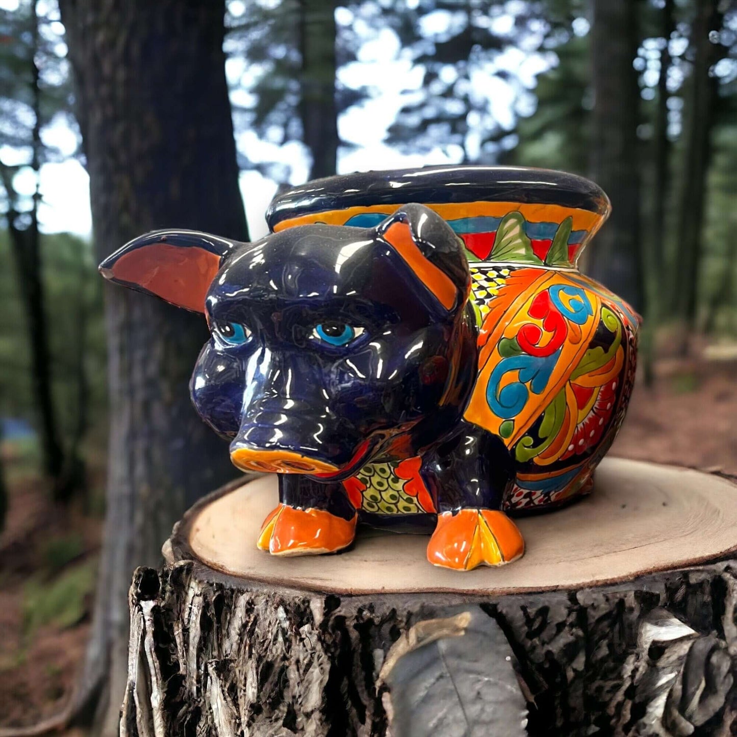 Talavera Pig Planter | Colorful Hand-Painted Mexican Animal Pot - glossy hand-painted floral ceramic pig planter from Guanajuato, Mexico