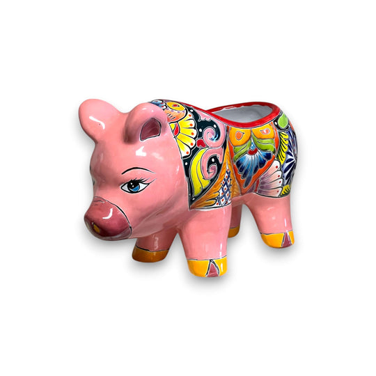 Talavera Pig Planter | Colorful Hand-Painted Mexican Pottery - hand-painted pink Talavera pig planter, kiln-fired, lead-free glaze, decorative home & garden accent