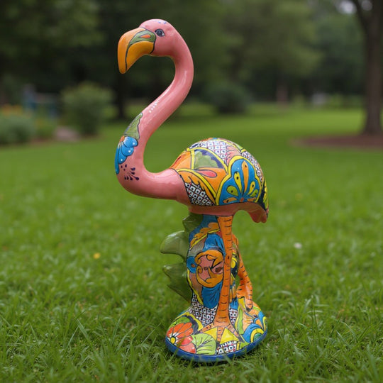 Talavera Pink Flamingo Sculpture | Vibrant Garden Art on grass