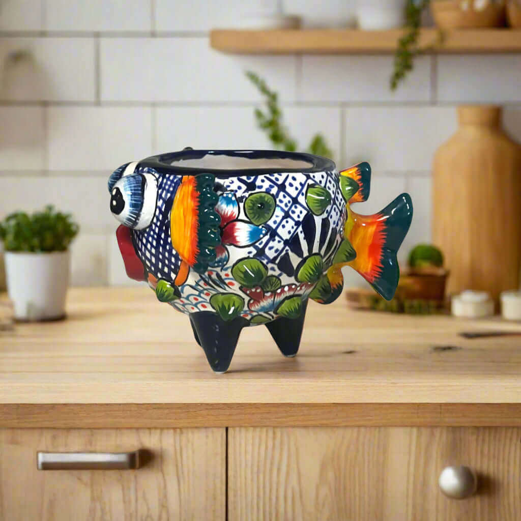 Talavera Puffer Fish Planter | Colorful Mexican Ceramic Pot - hand-painted Talavera puffer fish planter from Guanajuato, vibrant ceramic plant pot