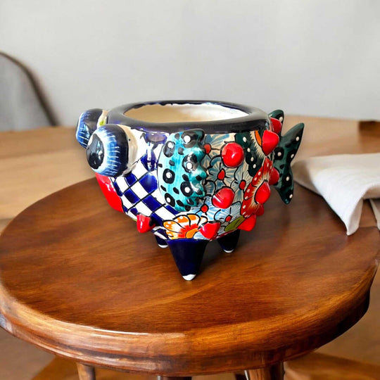 Talavera Puffer Fish Planter | Colorful Mexican Ceramic Pot - hand-painted Talavera puffer fish planter from Guanajuato, vibrant ceramic pot