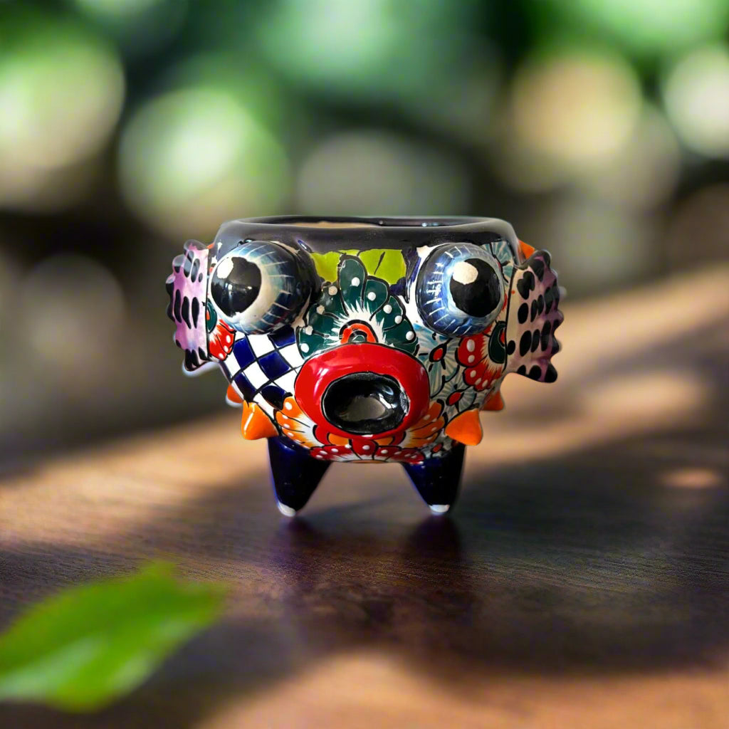 Talavera Puffer Fish Planter | Colorful Mexican Ceramic Pot hand-painted Talavera pufferfish planter, vibrant ceramic pot for small plants
