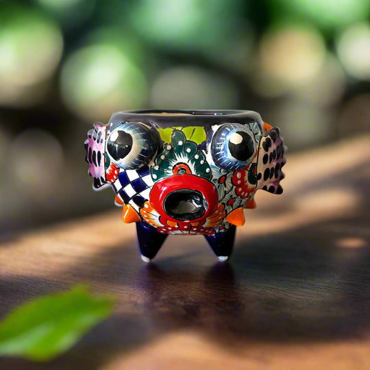 Talavera Puffer Fish Planter | Colorful Mexican Ceramic Pot hand-painted Talavera pufferfish planter, vibrant ceramic pot for small plants