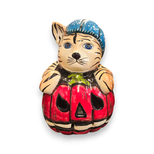 Talavera Pumpkin Animal Statue | Whimsical Fall Decor hand-painted cat character in pumpkin with blue hat, orange and green Talavera glaze