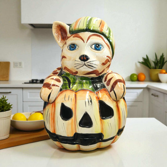 Talavera Pumpkin Animal Statue | Whimsical Fall Decor — hand-painted Talavera cat in pumpkin with blue eyes, orange and green fall accents