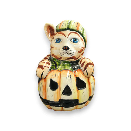 Talavera Pumpkin Animal Statue | Whimsical Fall Decor - hand-painted Talavera cat in pumpkin with blue eyes, orange glaze and green accents