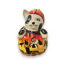 Talavera Pumpkin Animal Statue | Whimsical Fall Decor hand-painted cat pumpkin with blue eyes, orange and green glaze, Halloween tree and bats design
