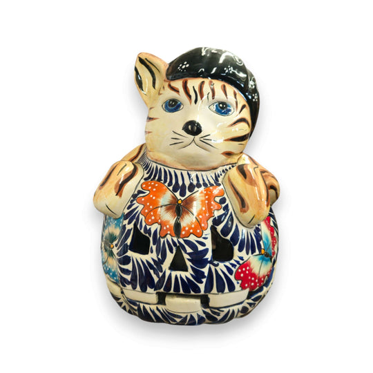 Talavera Pumpkin Animal Statue | Whimsical Fall Decor hand-painted blue-eyed animal pumpkin with orange butterfly and traditional Talavera patterns