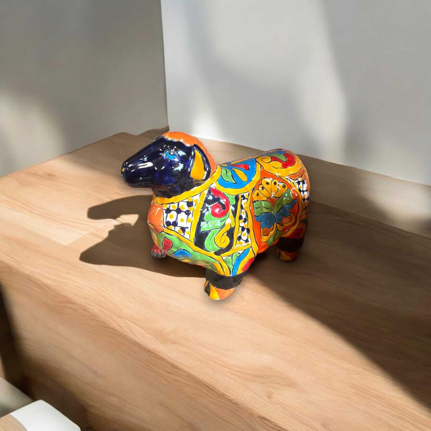 Talavera Ram Planter | Hand-Painted Mexican Ceramic Sheep Pot brightly colored hand-painted ram planter with black face, red orange blue green Talavera patterns