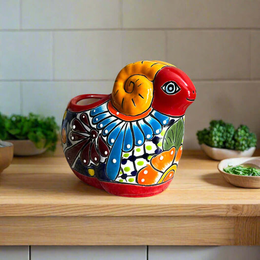 Talavera Ram Planter | Colorful Mexican Sheep Ceramic Pot - hand-painted Talavera ram planter with vibrant floral patterns, lead-free glaze, Guanajuato craft
