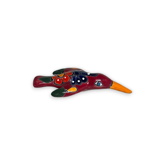 Talavera Hummingbird Wall Art | Mexican Hand-Painted Bird Decor red hand-painted ceramic hummingbird with floral details and orange beak
