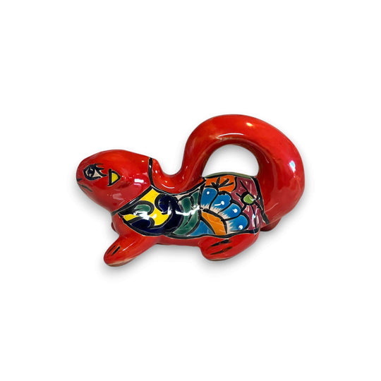 Talavera Squirrel Statue | Colorful Hand-Painted Mexican Figurine - red hand-painted Talavera squirrel with floral accents, raised tail, lead-free glaze