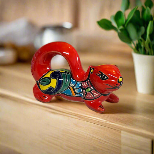 Talavera Squirrel Statue | Colorful Hand-Painted Mexican Figurine - hand-painted red Talavera squirrel with floral multicolor accents, raised tail, Guanajuato craft