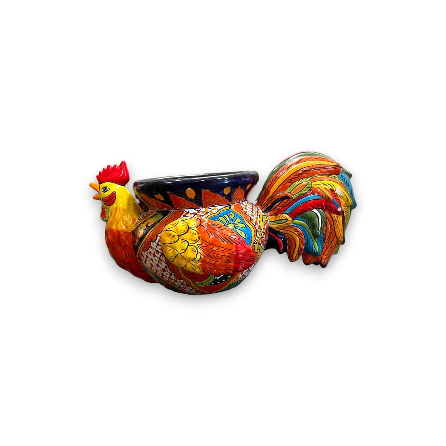 Talavera Rooster Planter | Handcrafted Colorful Mexican Ceramic Pot – hand-painted vibrant rooster-shaped ceramic planter, reds blues yellows greens, kiln-fired lead-free glaze
