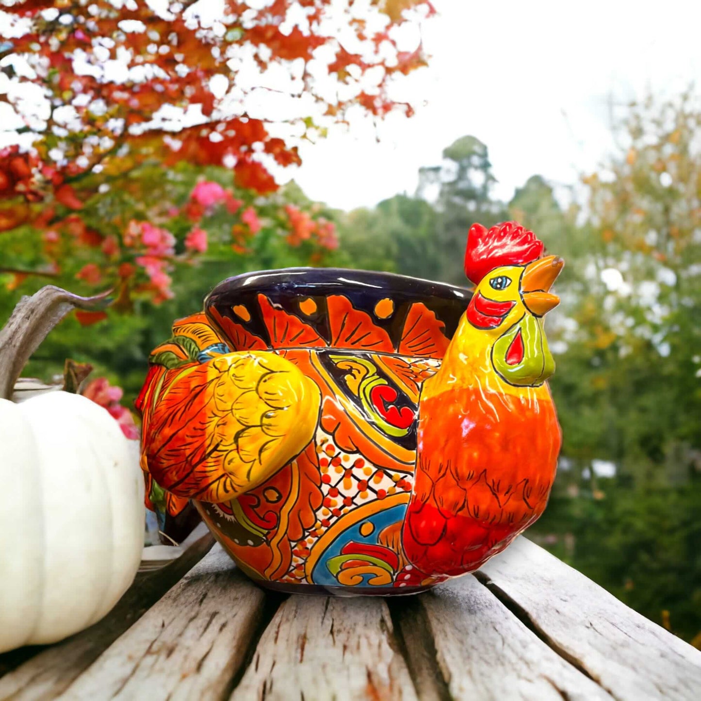 Talavera Rooster Planter | Handcrafted Colorful Mexican Ceramic Pot - hand-painted vibrant rooster-shaped ceramic planter from Guanajuato, Mexico