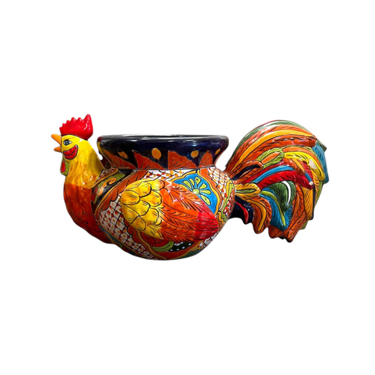 Talavera Rooster Planter | Handcrafted Colorful Mexican Ceramic Pot – hand-painted vibrant rooster-shaped ceramic planter, reds blues yellows greens, kiln-fired lead-free glaze